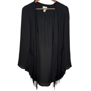 Chico's Black Fringe Kimono Duster Cardigan Open‎ Front Bohemian Chic Sz 0